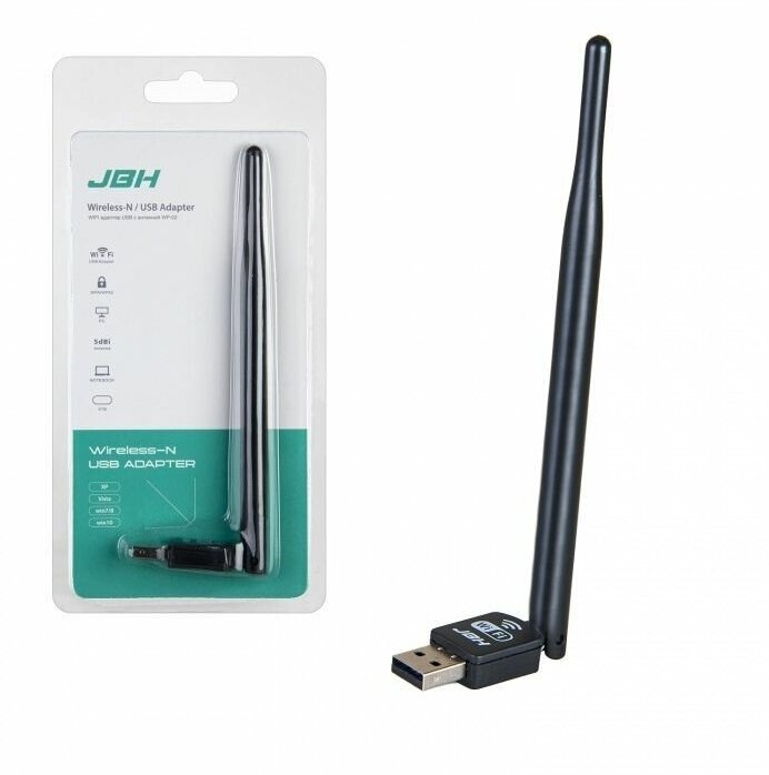 Wi-fi адаптер USB USB 2.0 с антенной для ПК компьютера, ноутбука 2.4 ГГц / 150 Мбит / WP-02 JBH (Новый) - фото 55681